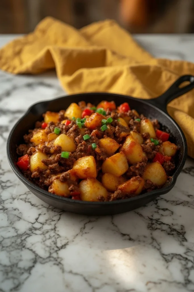 Sloppy joe potato skillet meat sauce closeup tender