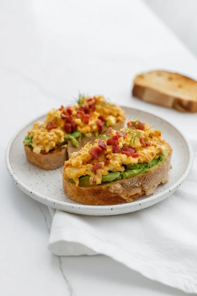 Avocado toast egg salad bacon dill closeup texture