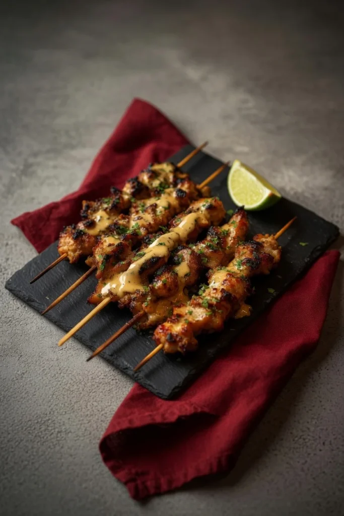 Bang bang chicken skewer grill char closeup glossy