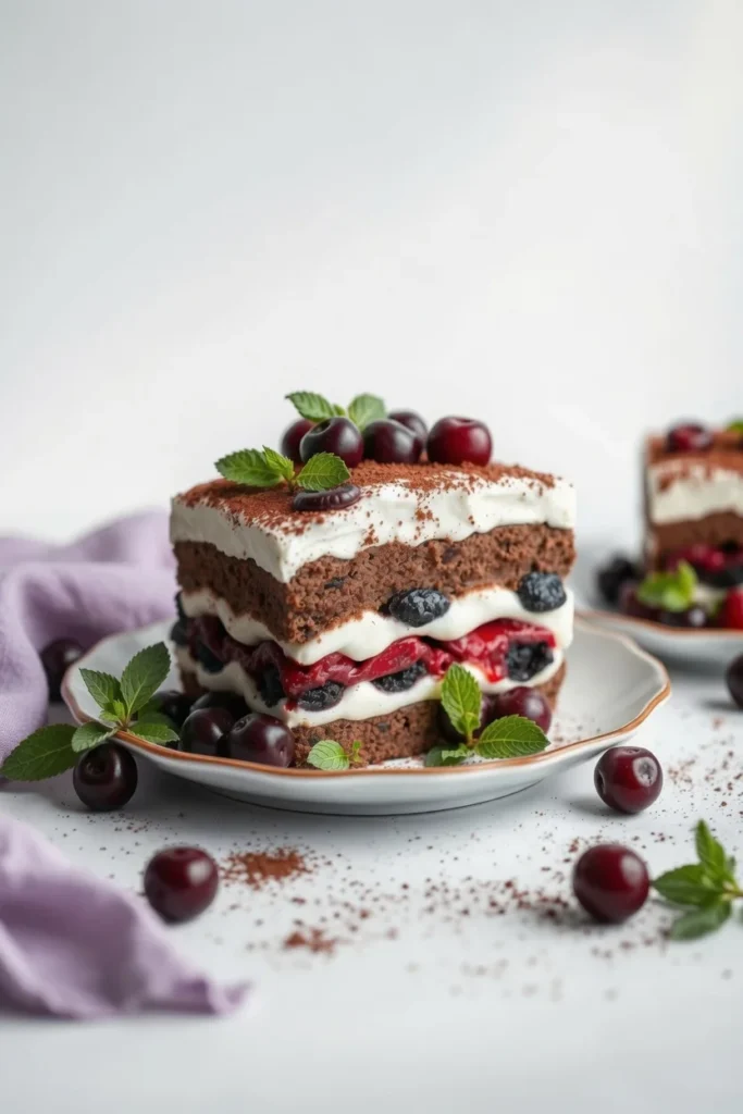 Black forest tiramisu slice layers cherry mascarpone