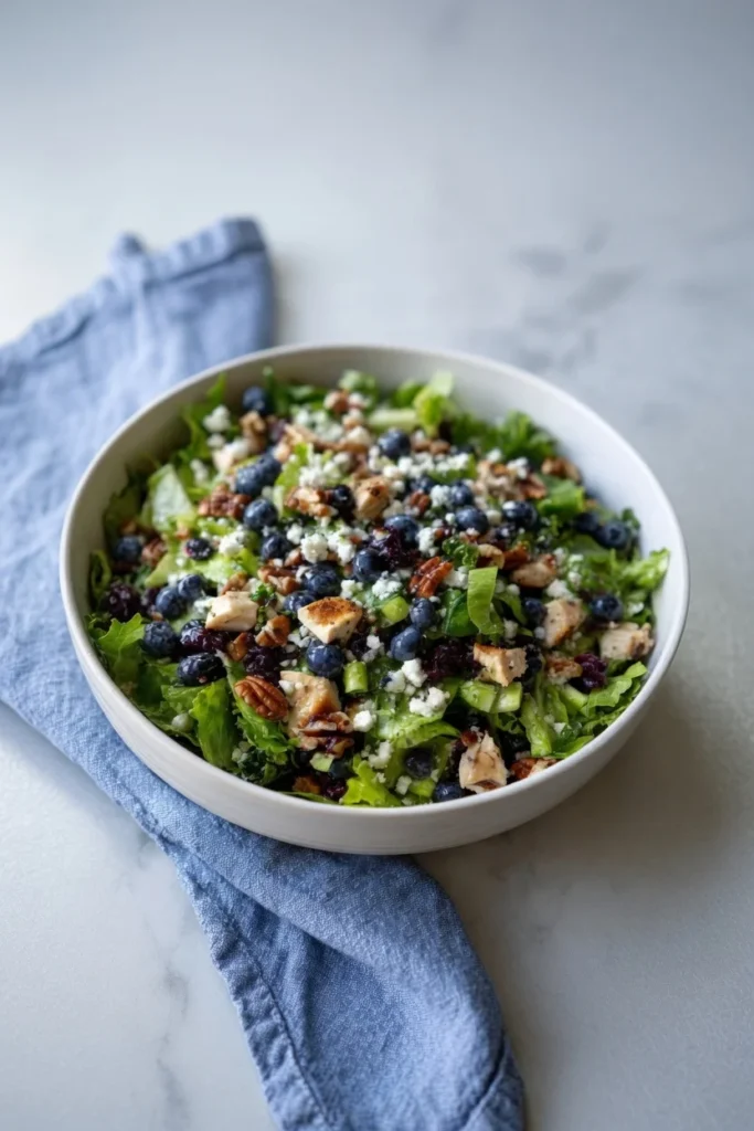 Blueberry chicken salad feta pecan lemon closeup