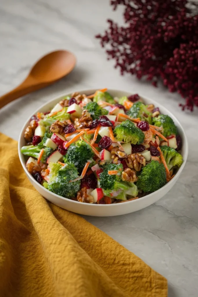 Broccoli apple salad creamy dressing cranberries closeup