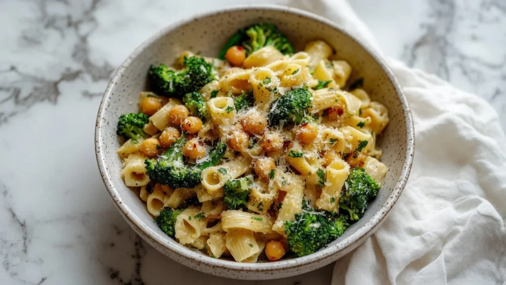 Broccoli chickpea pasta garlic olive oil closeup