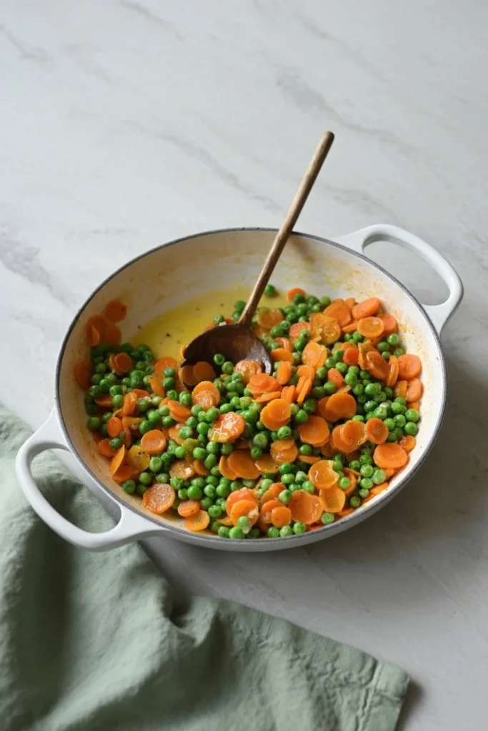 Buttered peas carrots glossy sauce shallots broth 