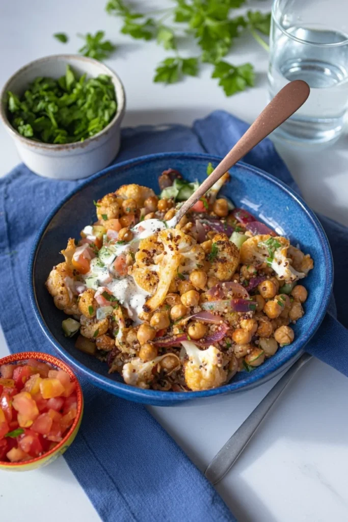 Cauliflower shawarma bowl roasted chickpeas sauce closeup