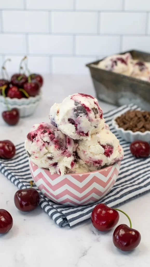 Cherry vanilla ice cream swirl chocolate chunks bowl