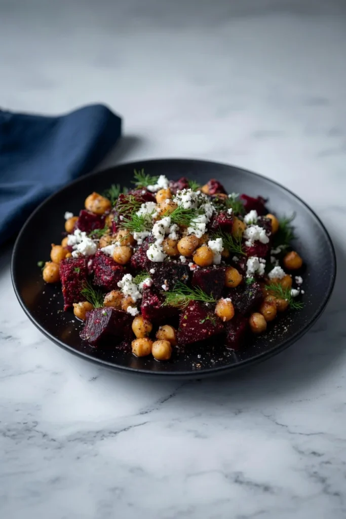 Chickpea beet feta salad vinaigrette closeup texture 