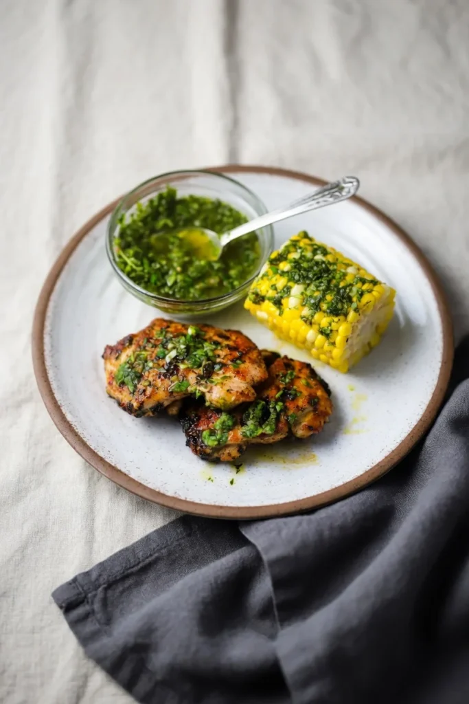 Chimichurri chicken thighs grill marks green sauce close