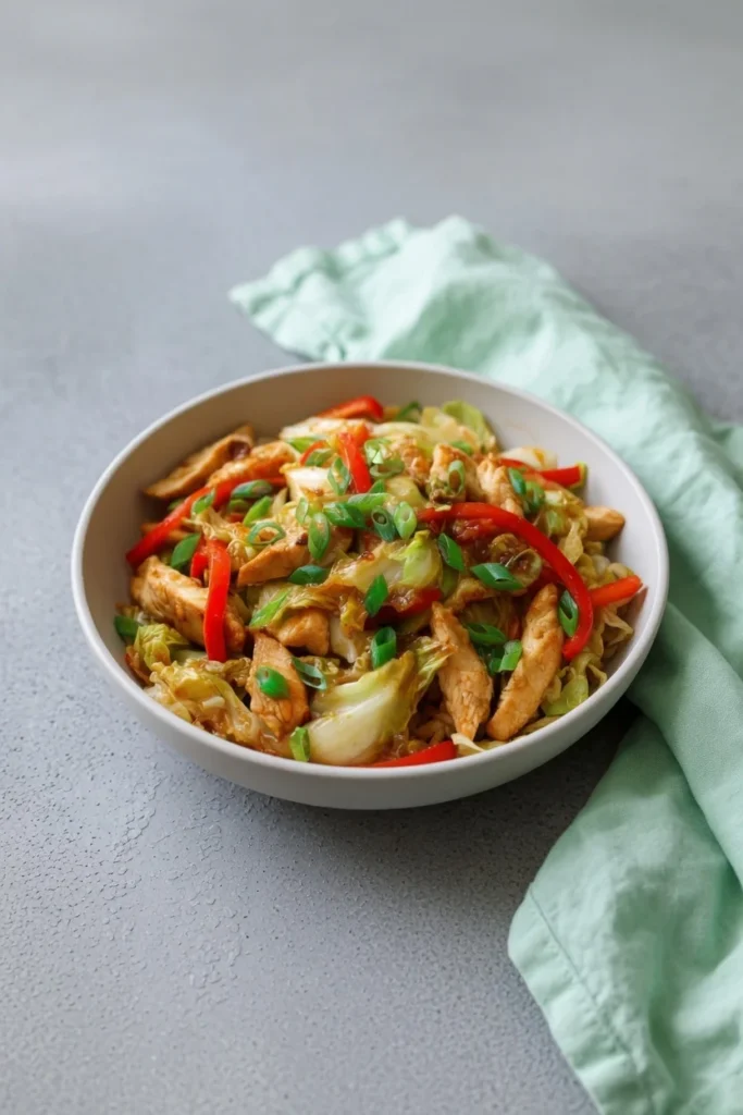 Chicken cabbage stir fry glossy sauce closeup sesame