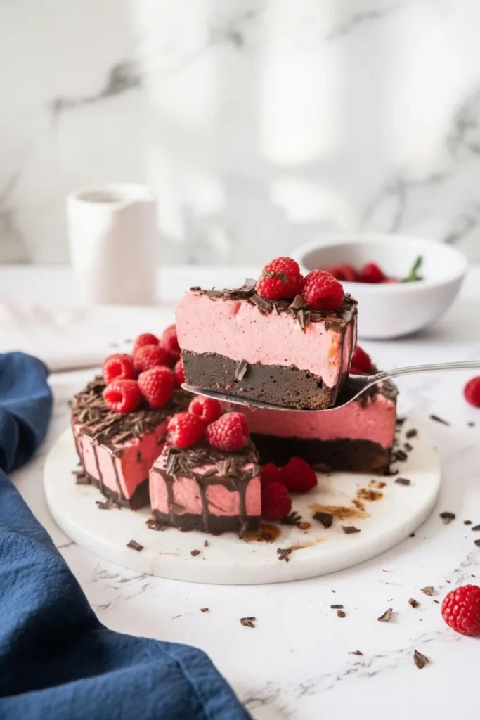 Chocolate raspberry mousse cake slice brownie mousse