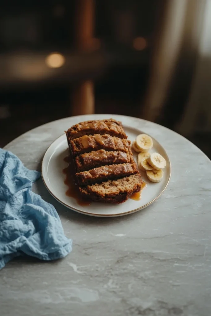 Banana bread cinnamon swirl glaze slice closeup