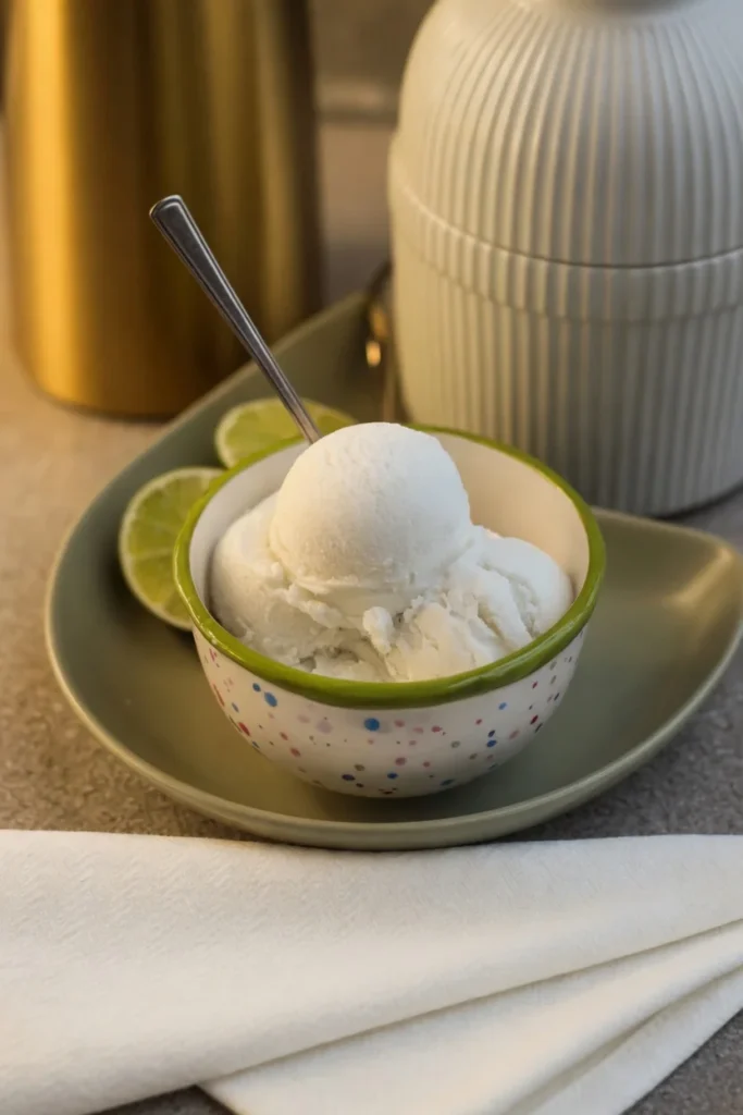 Coconut lime ice cream scoops white bowl lime tropical
