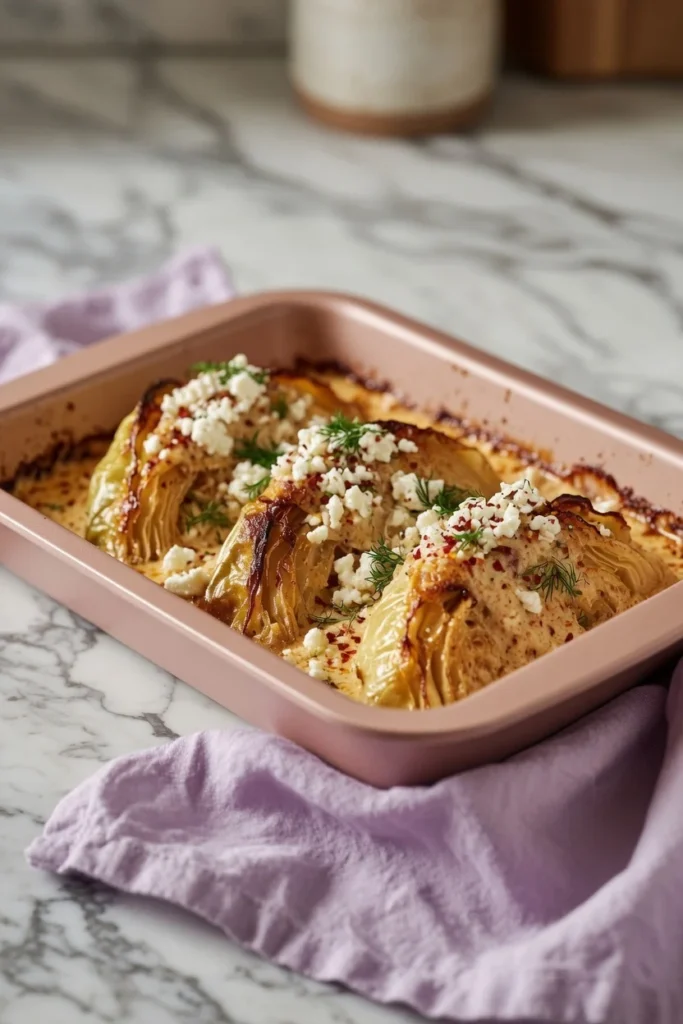 Cabbage wedge silky parmesan cream sauce closeup