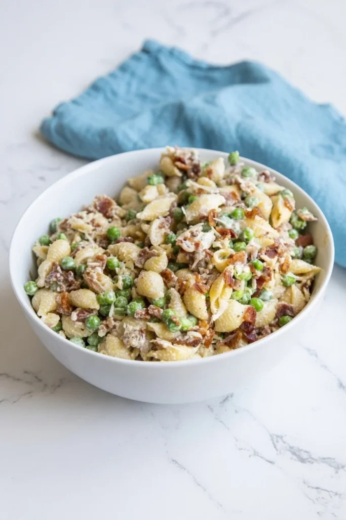 Creamy pasta salad bacon peas parmesan closeup shells