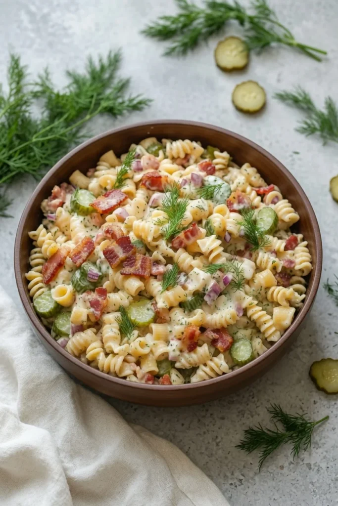 Dill pickle bacon pasta salad creamy dressing close