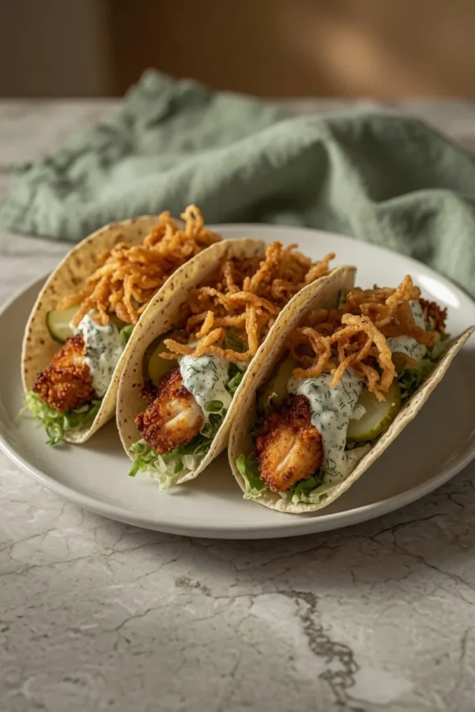 Dill pickle chicken taco crispy cheese lace closeup