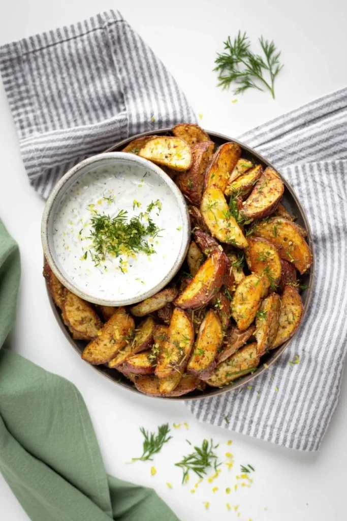 Greek potato wedge crispy herbs dill lemon closeup