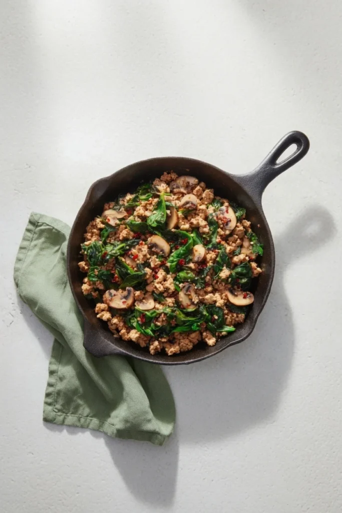Turkey skillet glossy mushrooms spinach pepper close