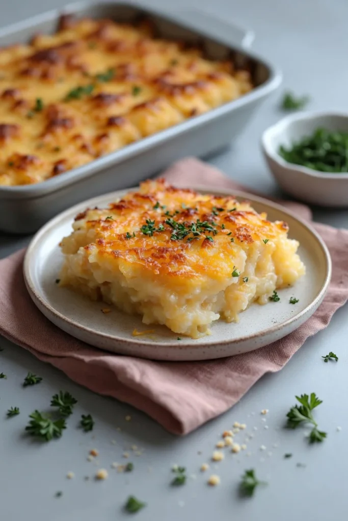 Hashbrown casserole creamy cheese crispy topping closeup