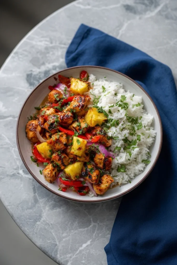 Hawaiian chicken pineapple glaze peppers up close