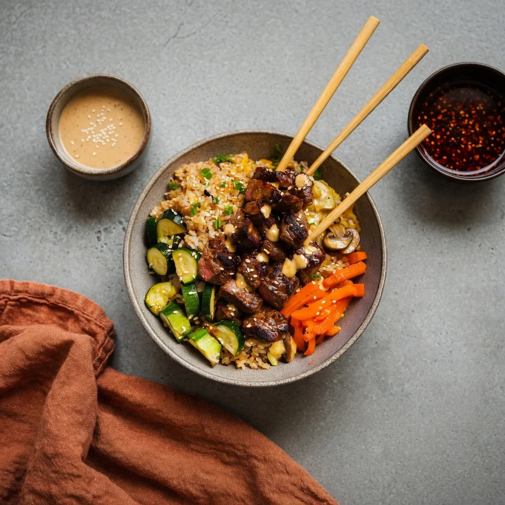 Hibachi steak bowl seared sirloin sauteed veggies close
