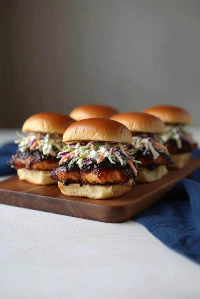 Sticky chipotle chicken slider coleslaw closeup garlic