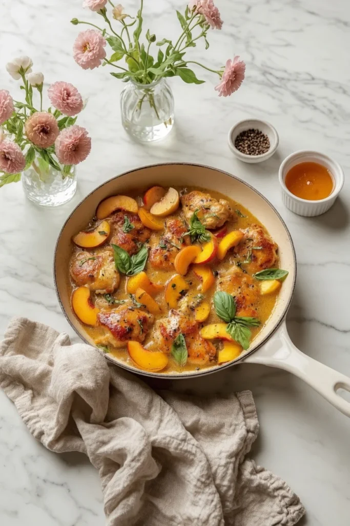 Honey peach chicken glossy sauce basil closeup