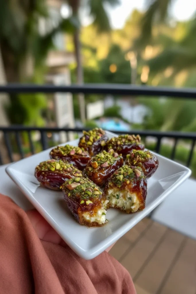 Stuffed dates ricotta pistachio honey drizzle closeup