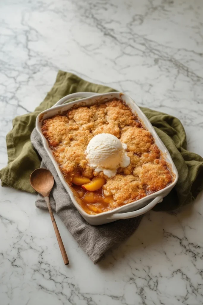 Peach cobbler golden crust bubbling fruit closeup
