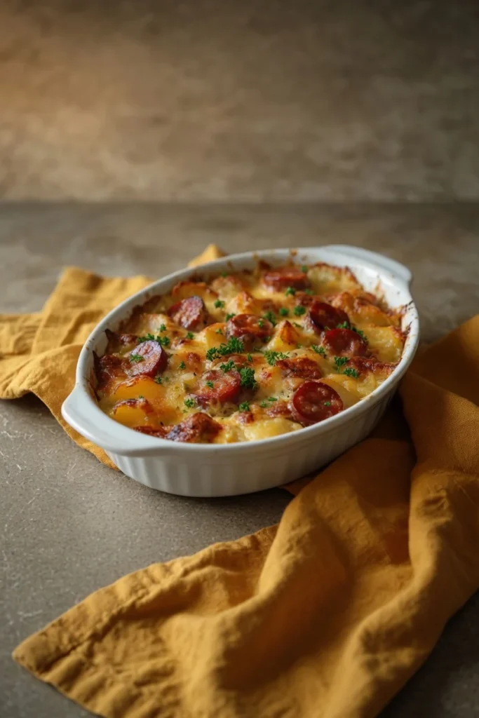 Kielbasa potato casserole melted cheese closeup serving