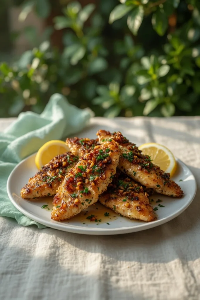 Mediterranean chicken tenders golden herb coating tzatziki