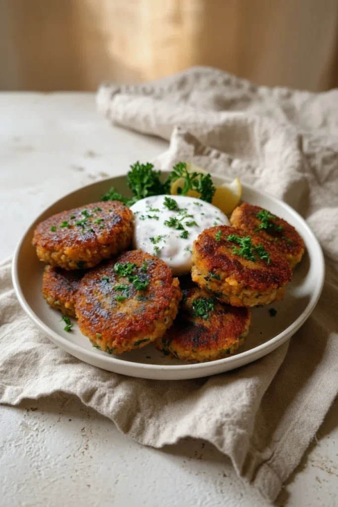 Chickpea patty crispy crust yogurt sauce closeup
