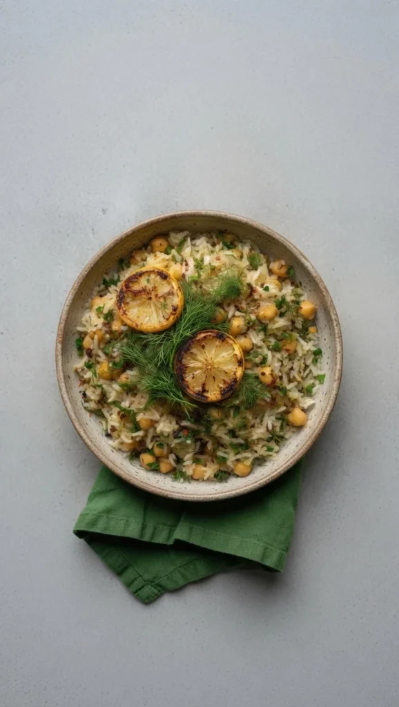 Mediterranean rice beans golden chickpeas herbs charred