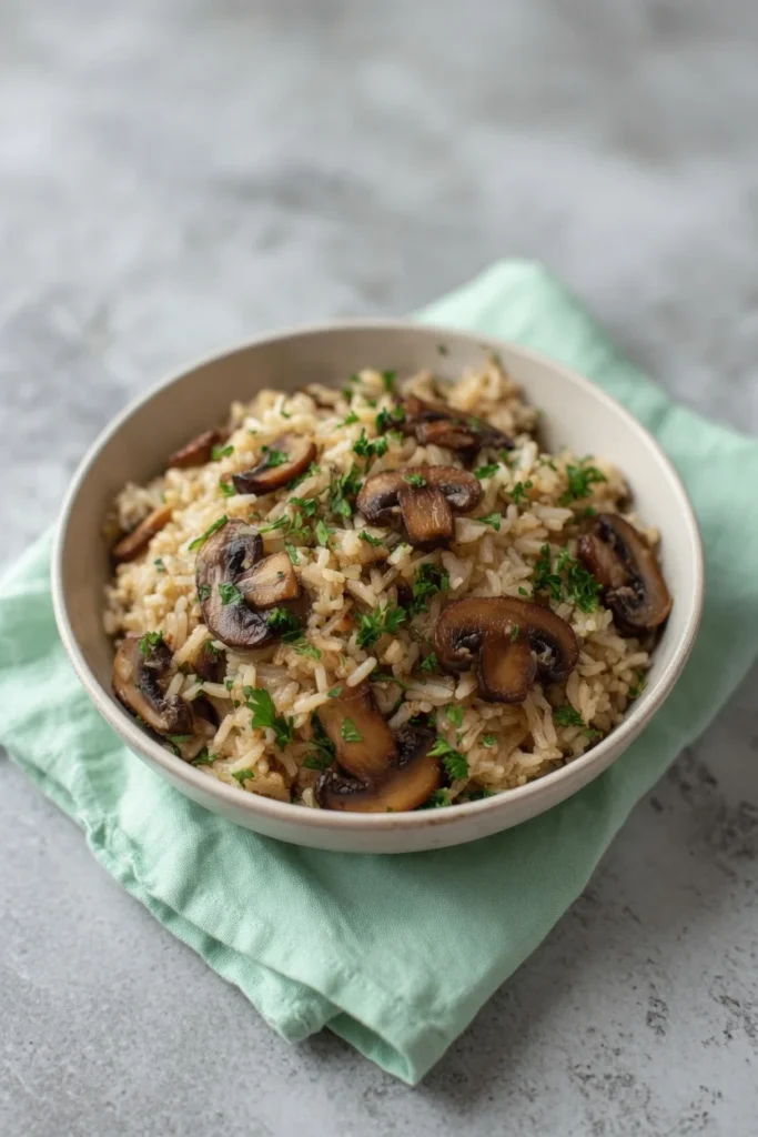 Mushroom rice golden mushrooms tender grains closeup