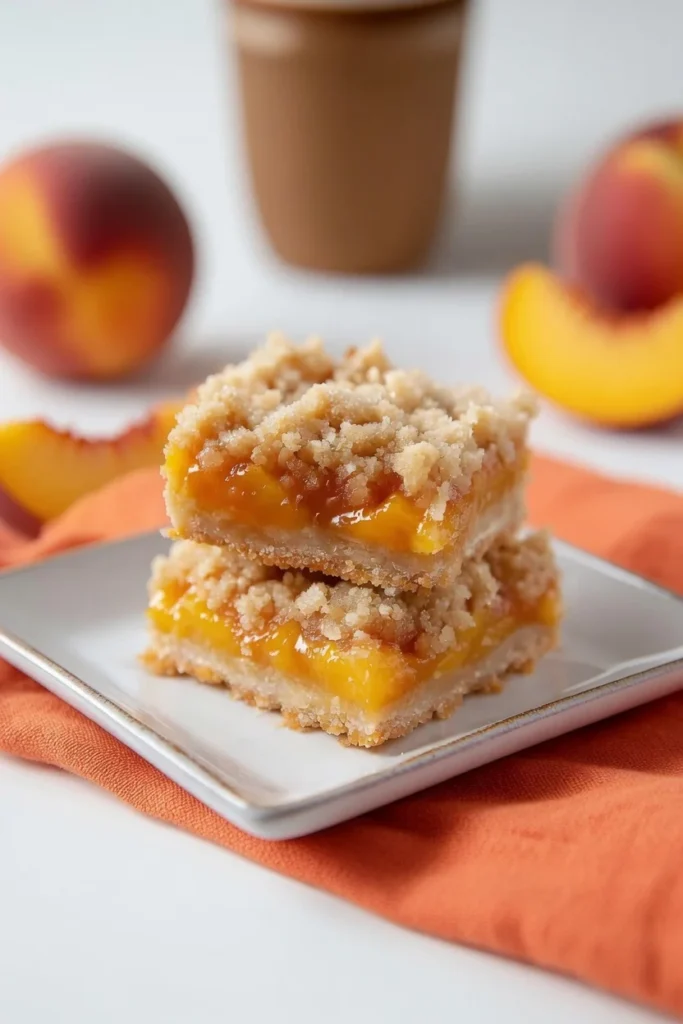 Peach crumb bar layers crust filling crumble closeup