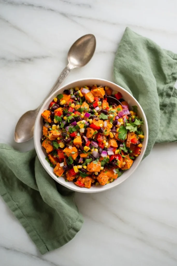 Sweet potato black bean bowl lime dressing close