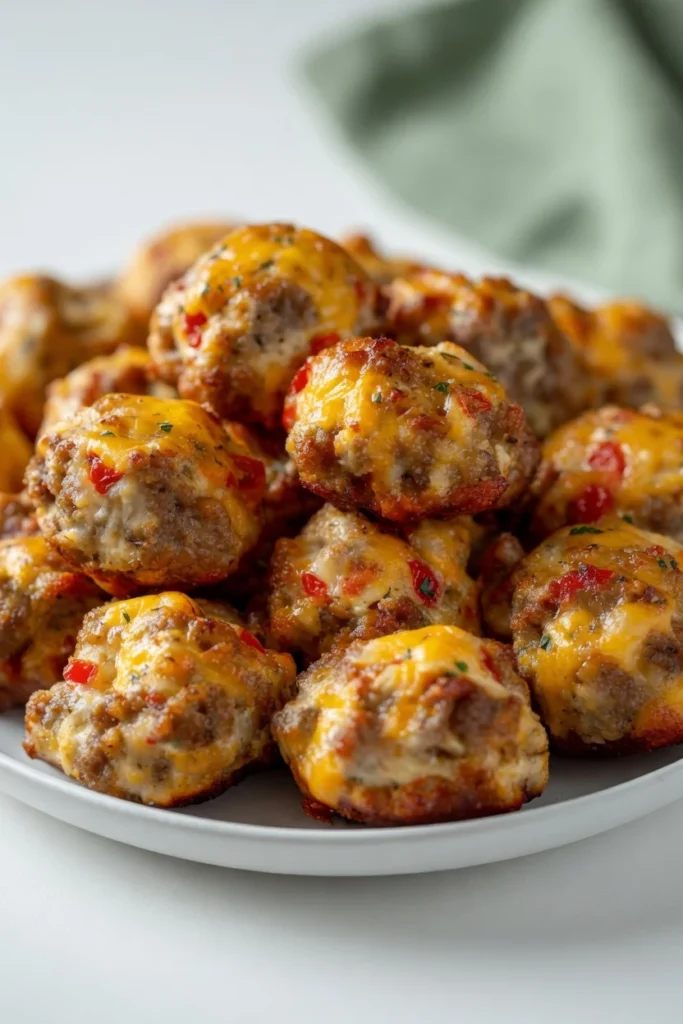 Sausage balls cream cheese melted cheddar interior close