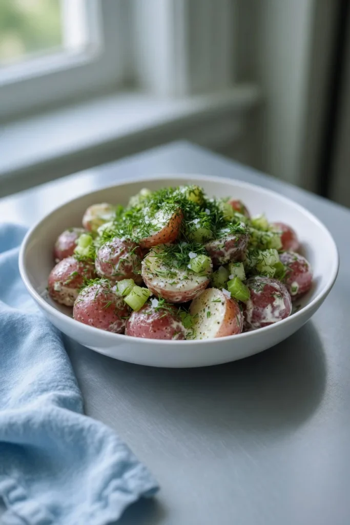 Salt vinegar potato salad glossy dressing dill celery