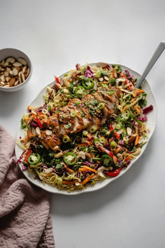 Sesame chicken salad crunchy cabbage dressing closeup 