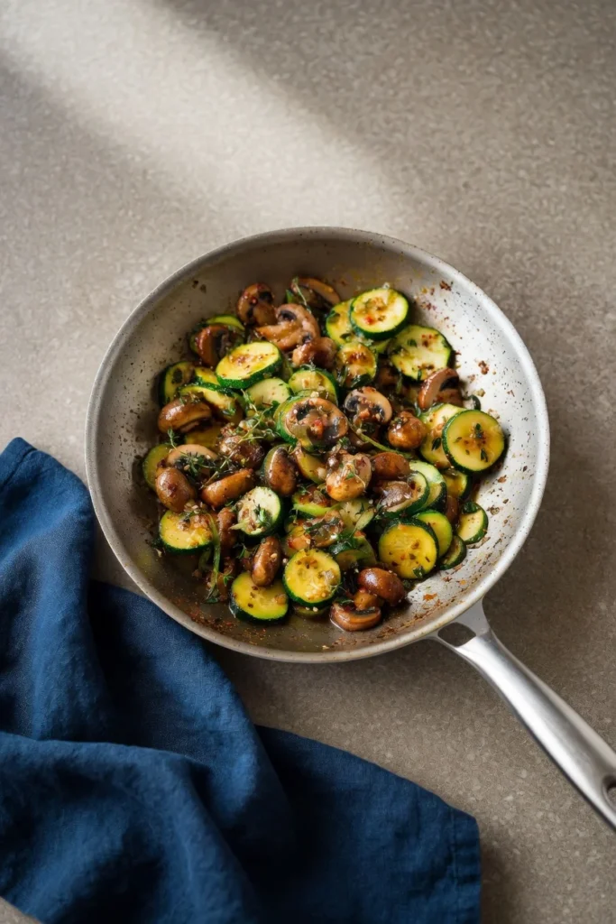 Zucchini mushrooms garlic herb parmesan skillet closeup