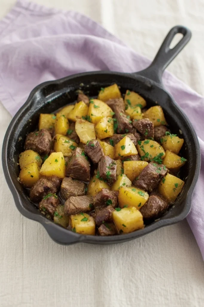 Steak cheddar potato casserole melted cheese closeup