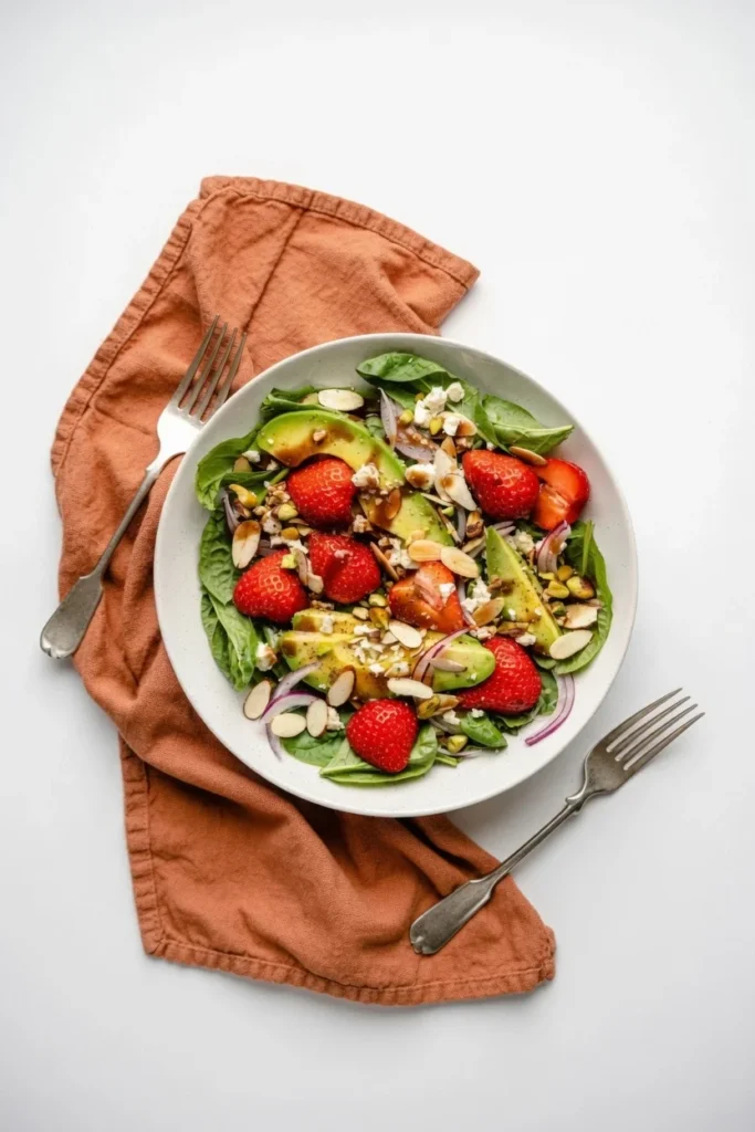 Strawberry spinach salad avocado feta closeup texture