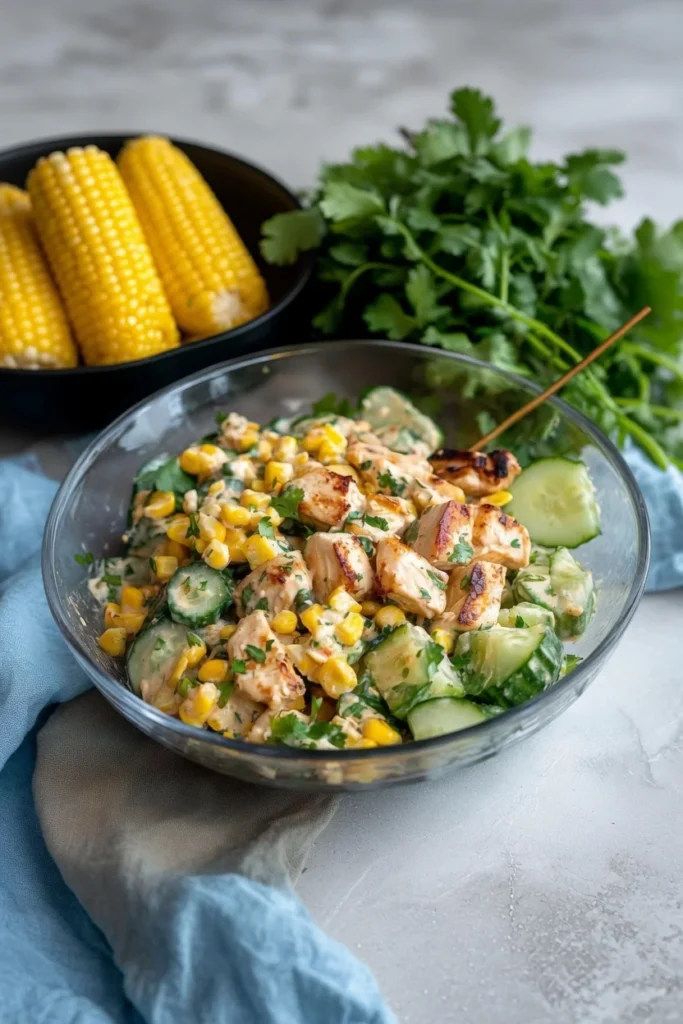 Street corn chicken salad creamy dressing cucumber close