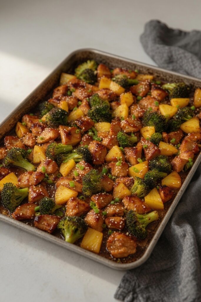 Teriyaki chicken pineapple broccoli glossy glaze closeup