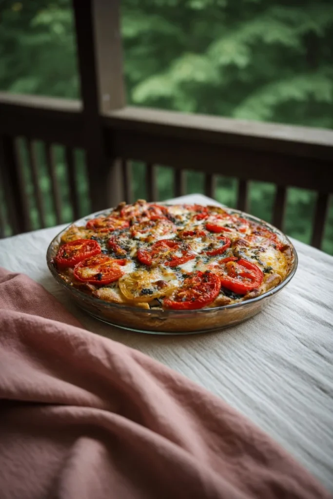 Tomato eggplant pie slice layers custard cheese close