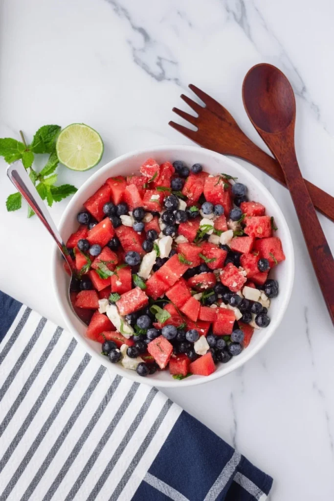 Watermelon feta blueberry mint lime dressing closeup
