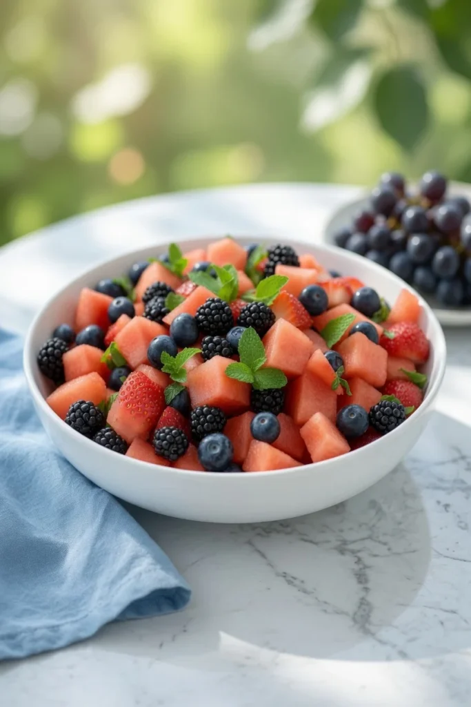 Watermelon fruit salad honey lime mint berries bowl