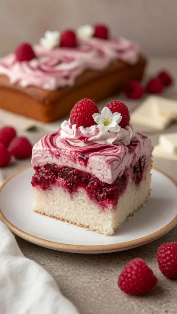 White chocolate raspberry cake slice jam filling soft