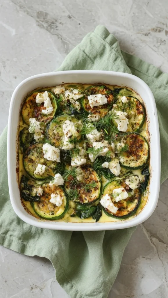 Zucchini feta casserole slice egg custard spinach golden