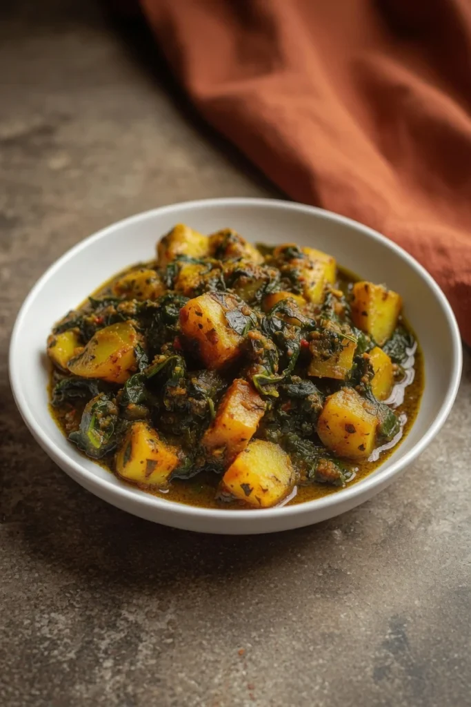Aloo palak potato spinach curry spices closeup texture 
